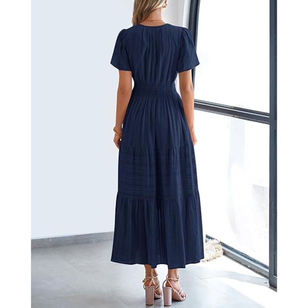 Women's Navy V Neck Short Sleeve A Line Summer Casual Maxi Dresses Pockets - Picture 2 of 6